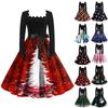 Women's Casual Fashion Long Sleeves Christmas Printed Square Neck Vintage Dresses