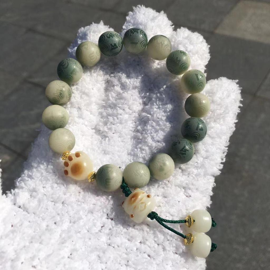 Green Bodhi Root & Ivory Nut Mantra Bracelet with Awakening Lion Charm - Unisex