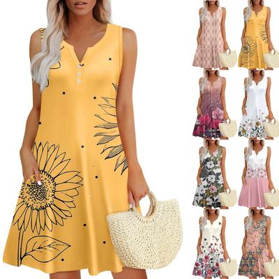 Женские летние платья Свободные сарафаны без рукавов с V-образным вырезом Платье с карманами