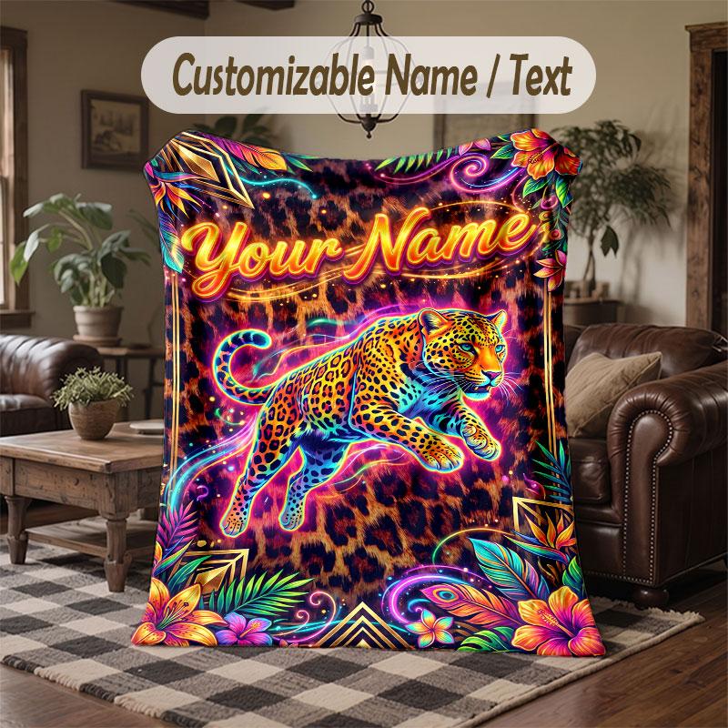 Lion Tiger Leopard Theme Throw Blanket Custom Name Text Personalized Blanket Soft Cozy Blanket for Home Sofa Bed