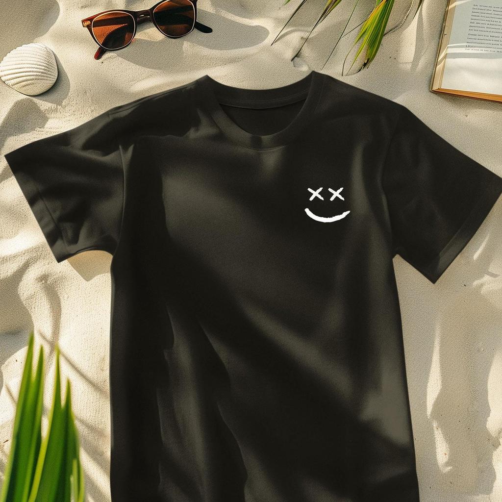 Fun Smiley Face Embroidered T-Shirt - Soft, Lightweight & Comfortable Stretch in Variety of Colors for Everyday Wear