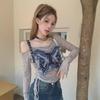 Autumn Retro Y2K Butterfly Denim Off-Shoulder Top for Women