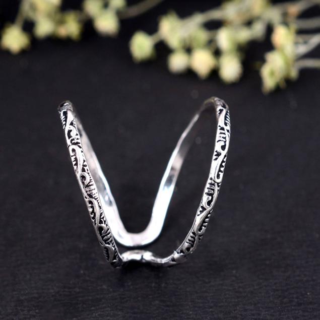 Dainty Scrollwork Double Band Ring | Adjustable Silver Knuckle Ring | Oxidized Pattern Mid-Finger Splint Jewelry | Boho Statement Gift