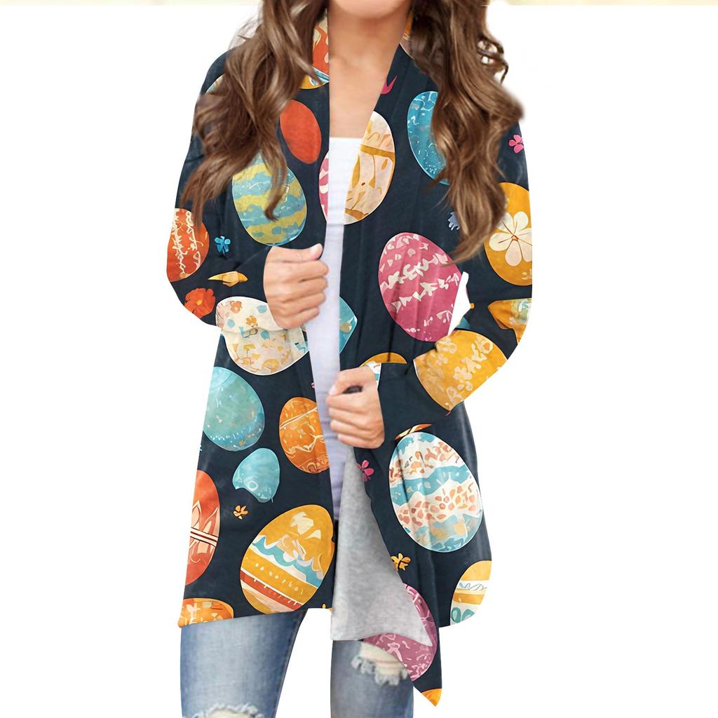 Женский кардиган с пасхальным принтом и длинными рукавами спереди, легкая куртка с принтом