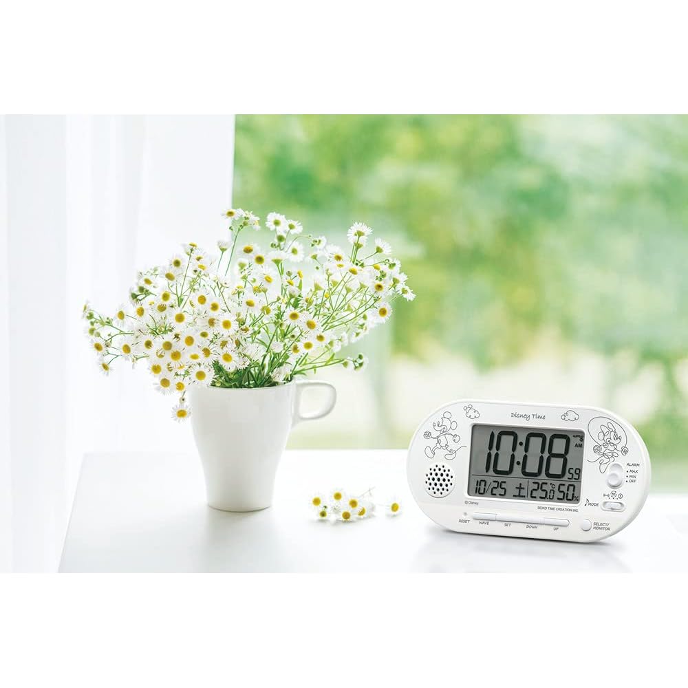 Seiko Clock Alarm Clock, Table Clock, Character Design, Disney Mickey Mouse & Minnie Mouse, Disney Time, Radio Controlled, Digital, White Pearl, 81 x