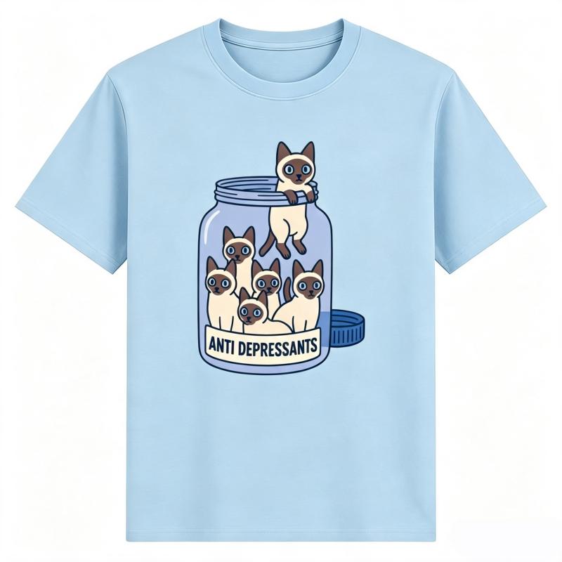 Unisex Cute Siamese Cat Jar Anti Depressants Funny Graphic TShirts Cotton Summer Unisextal Health Aesthetic Gift Yk Ins Clothes