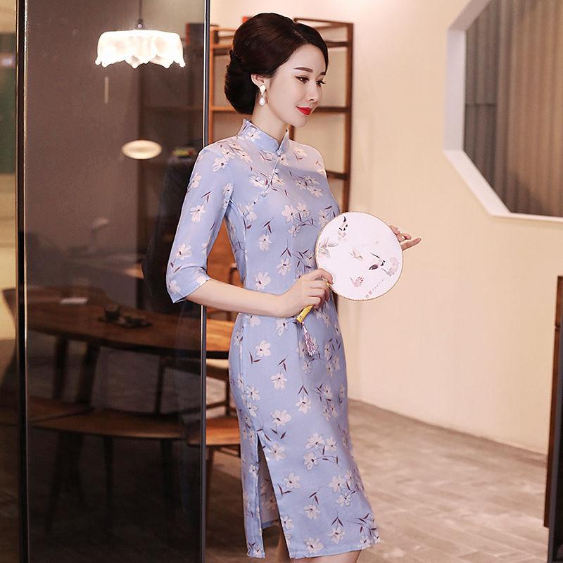 Chinese Style Cheongsam Retro Mid-length Improved Cheongsam Temperament Short-sleeved Dress