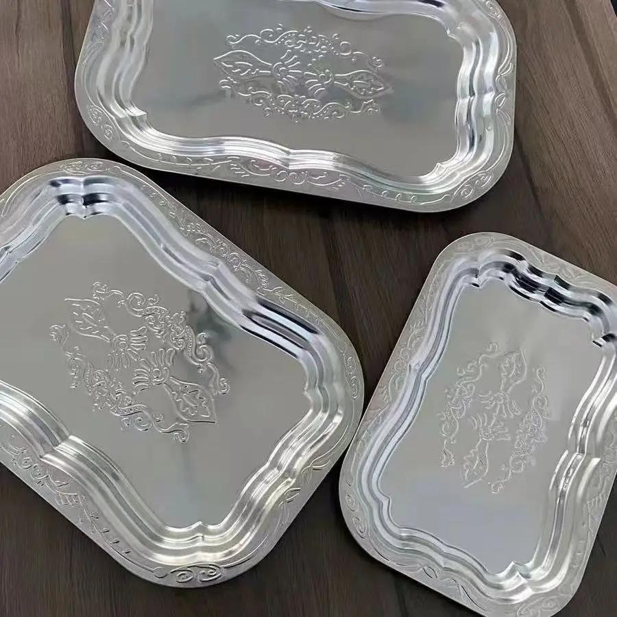1 шт. Прямоугольный поднос из нержавеющей стали с тисненым дизайном для хранения на кухне, в гостиной, прочное блюдо для подачи фруктов, закусок, торта
