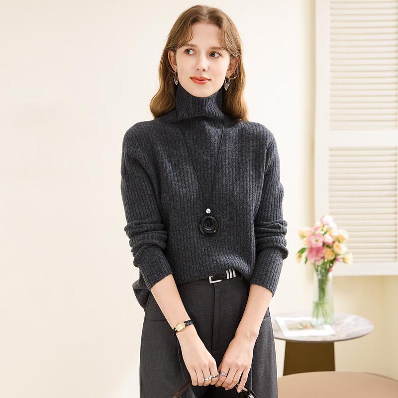 TUHUANG Women's Ribbed Wool Cashmere Turtleneck Sweater