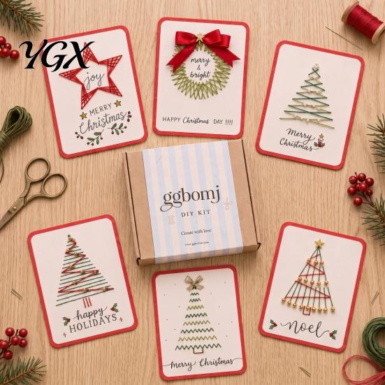Creative Winter Craft Activities Merry Christmas DIY Card Kit, Embroidery Stitching Greeting Beginner Sewing Project Set with Tree Design