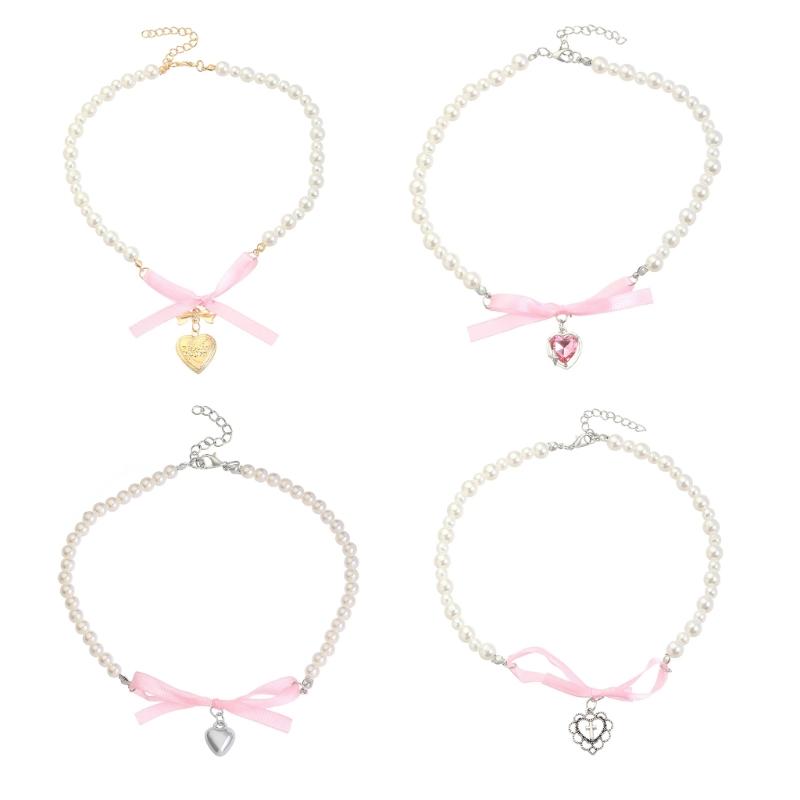 Элегантное ожерелье с подвеской в виде сердца и банта из жемчуга для женщин, милое универсальное ожерелье с подвесками, модные ювелирные изделия, подарок