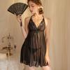 Sexy Pajamas Women's Silk Thin Suspender Pajamas Lace Seduction Perspective Flirting Lingerie