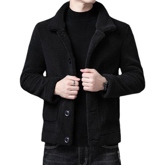 Men Jacket Lapel Long Sleeve Single Breasted Coat with Pockets Solid Color Reversible Design Polar Fleece Faux Leather Outwear
