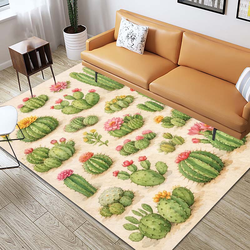 Non-slip rug featuring a 3D cactus and floral print; suitable for living rooms, bedrooms, kitchens, and bathrooms.