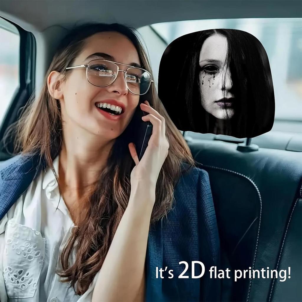 Car Headrest Sleeve 2 Pieces Elastic Horror Face Printed Protector Spooky Dustproof Auto Interior Decoration For Vehicle Seat