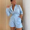 Summer Women Long Sleeve 2 Pieces Sets Casual Simple Button Pockets Short Pant with Shirts Tops  Suit Female Outfits