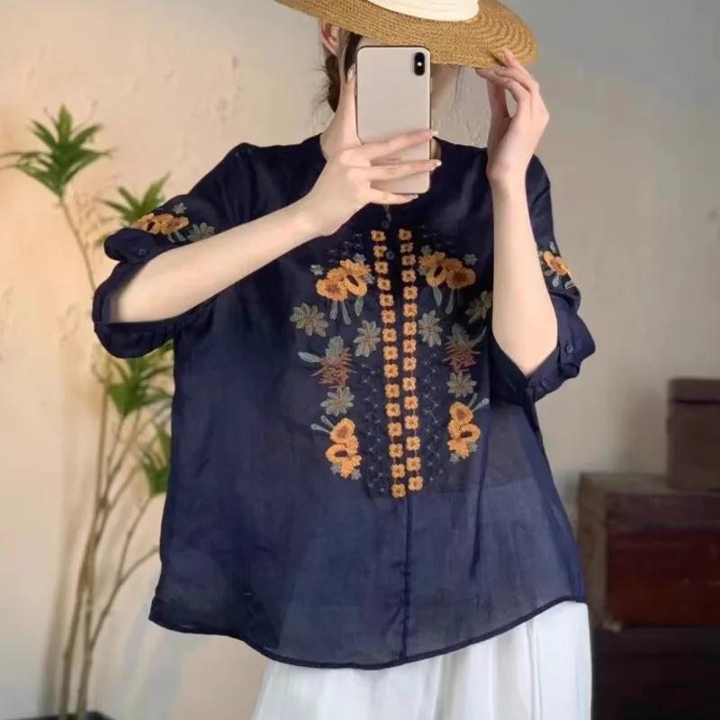 Johnature Женские винтажные вышитые цветочные рубашки, топы с круглым вырезом и коротким рукавом, летние женские рубашки