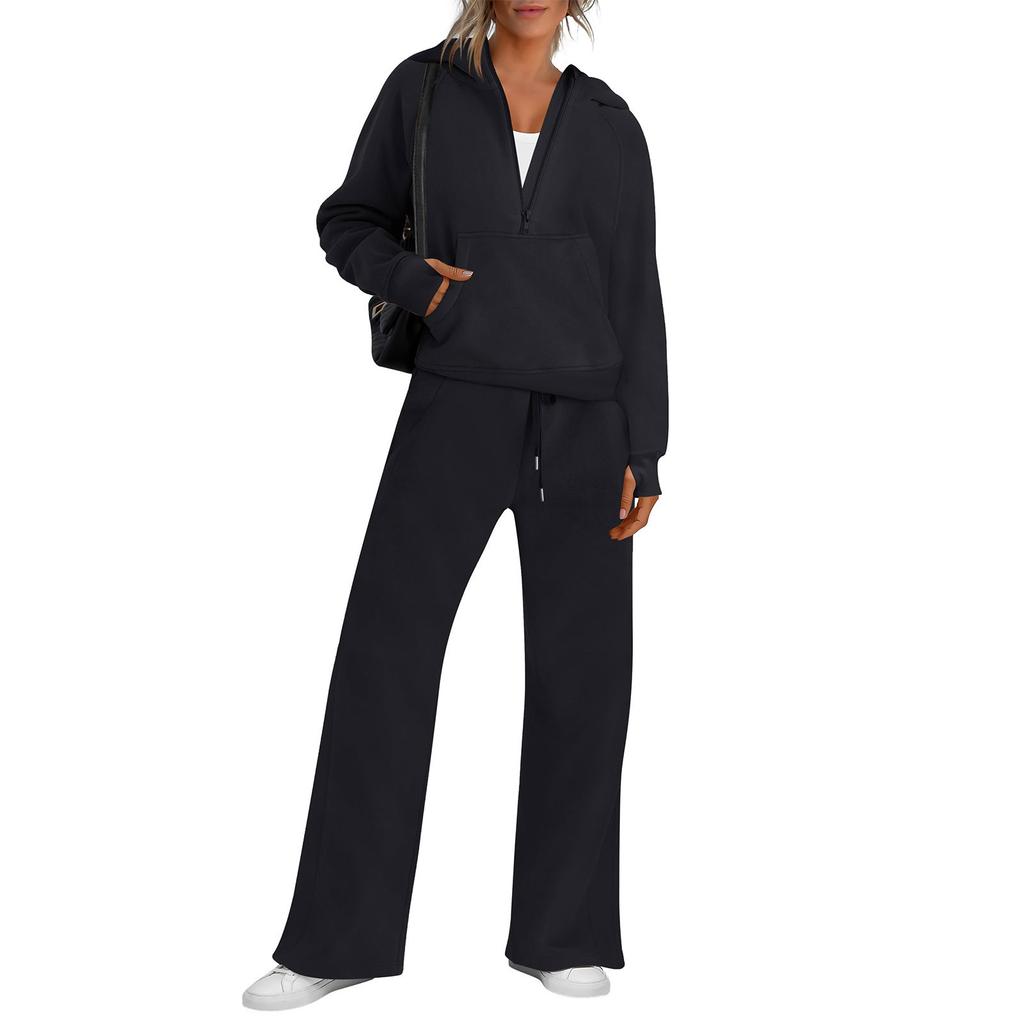 Женская мода однотонная толстовка с длинным рукавом и капюшоном, топ и брюки, повседневный комплект из двух предметов для отдыха