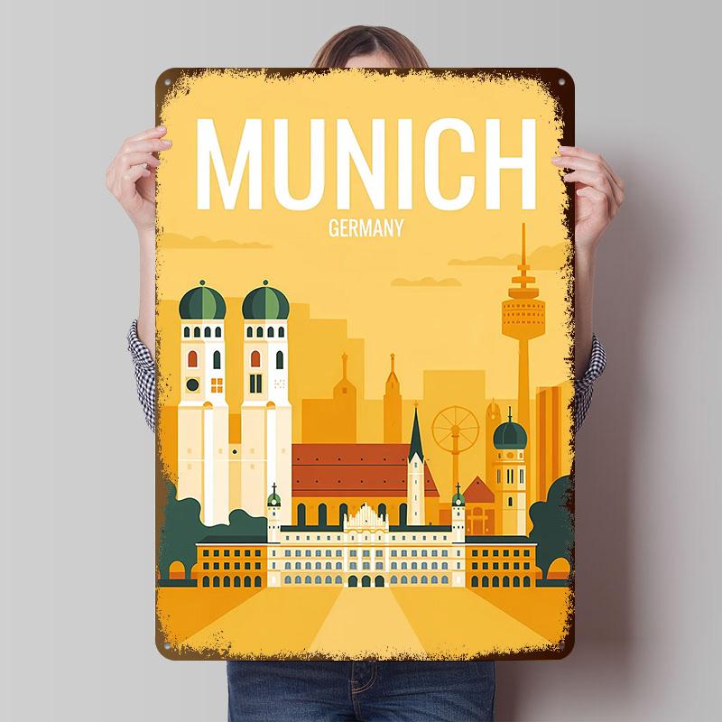 Munich Germany Cityscape Metal Poster Custom Wall Art Retro Vintage Tinplate Signs for Man Cave Bedroom Decorations Coffee Bar