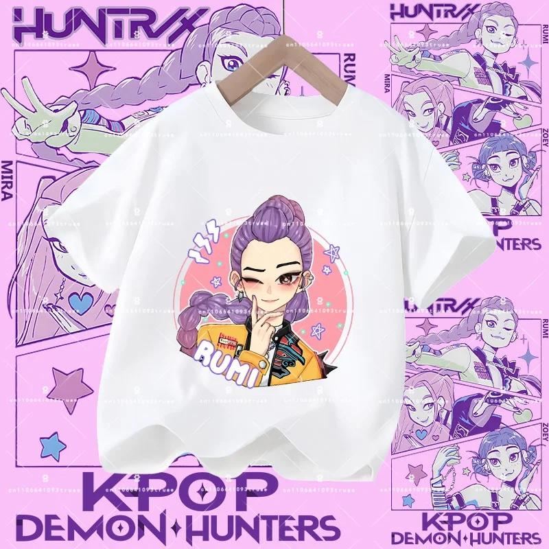 2026 New Kpop Demon Hunters Children's Polyester T-shirt - Girls' Casual Top with Cartoon Print - Summer Short-Sleeved Sports Shirt