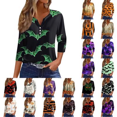 Жен. Футболка Футболка С принтом Пуговицы Рукав 3/4 Повседневные Выходные Мода Классический V-образный вырез Обычный Топ