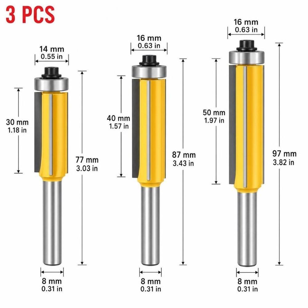3pcs 8mm Shank Flush Trim Bit 4 Flute Woodworking Router Bit Trimming Router Bit Woodworking