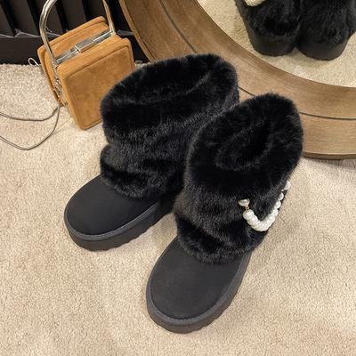 Ботильоны на плоской подошве, зимние слипоны, круглый носок, брендовая обувь 2024 года, женские ботинки на среднем каблуке, однотонные, с бусинами на шнуровке, однотонные женские ботинки