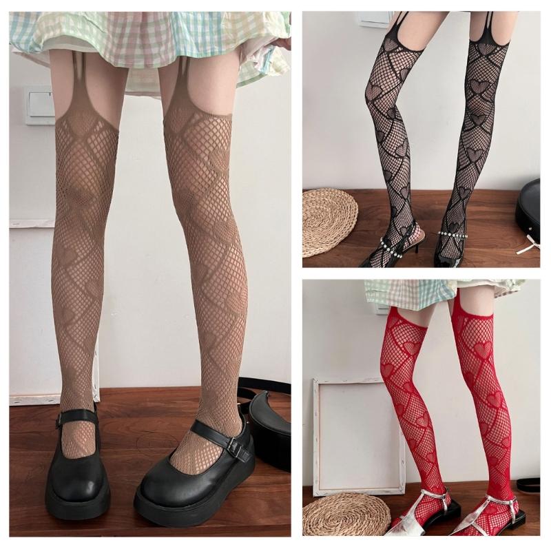 Women Gothic Fishnet Mesh Garters Thigh High Stockings Tights Hollowed Sweet Heart Patterned Sheer Suspender Pantyhose