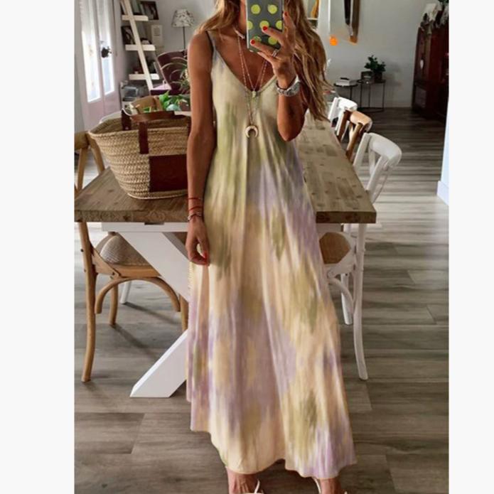 Весенне-летнее платье, женское зеленое длинное платье с v-образным вырезом и цветочным принтом, повседневное богемное женское пляжное платье без рукавов