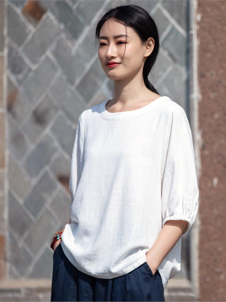 Johnature Women Solid Color Linen TShirts Tops Summer Casual Clothes Female Half Sleeve Tshirts Tees