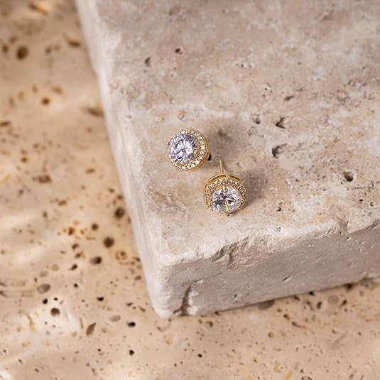 14K Gold-Plated Halo Stud Earrings with Cubic Zirconia
