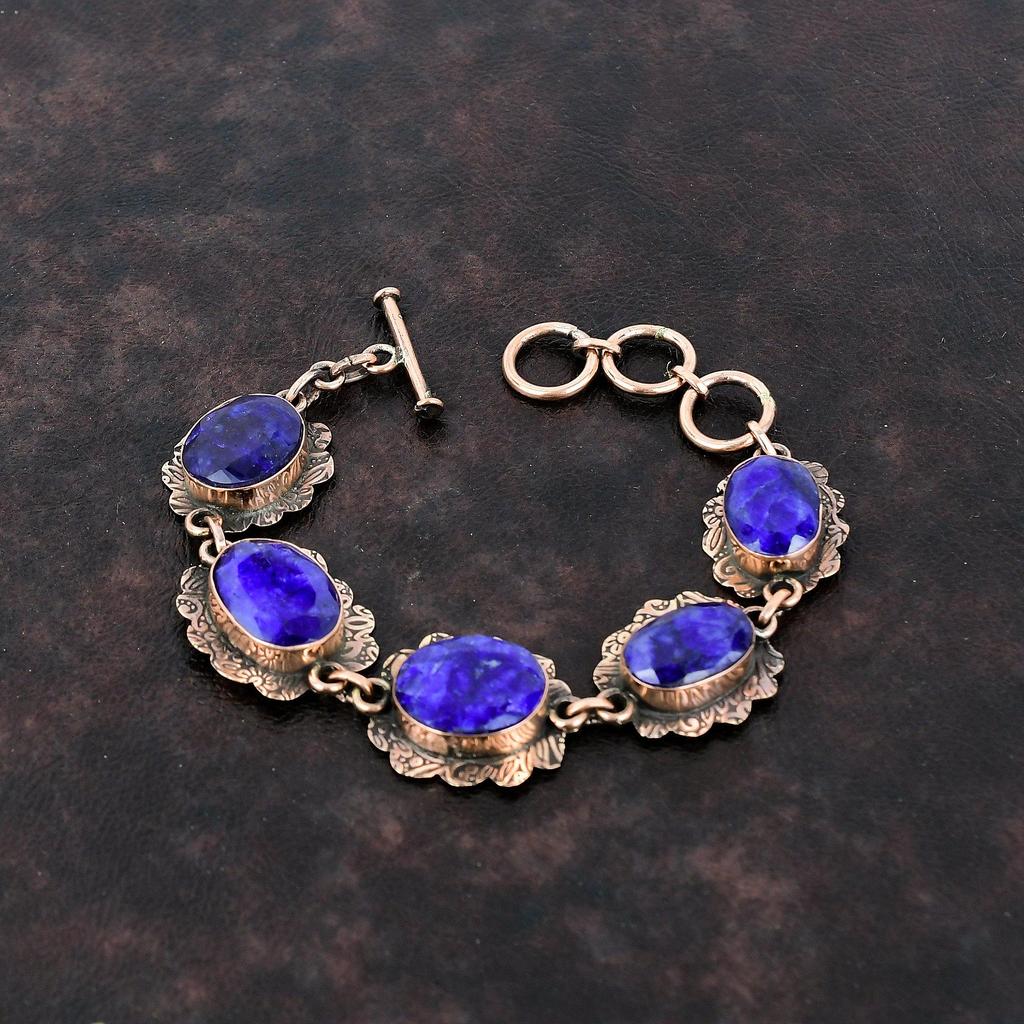 Браслет с граненым синим сапфиром Медный браслет Регулируемый браслет-цепочка Дизайнерские медные украшения Браслет из драгоценных камней ручной работы Подарок для женщин