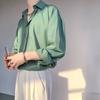 Корейская рубашка в стиле ретро, драпирующаяся, не требующая глажки, зелено-белая, унисекс, с длинным рукавом, свободного кроя