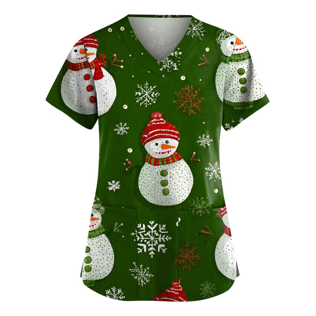 Women's Fashion V-Neck Short-Sleeved Workwear With Pockets Christmas Print Top Caregiver Uniform
