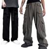 Men Cargo Trousers with Multiple Pockets Solid Color Spring Autumn Loose-Fit Straight Pants Wide Leg Trousers