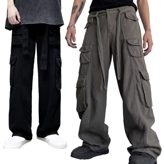 Men Cargo Trousers with Multiple Pockets Solid Color Spring Autumn Loose-Fit Straight Pants Wide Leg Trousers