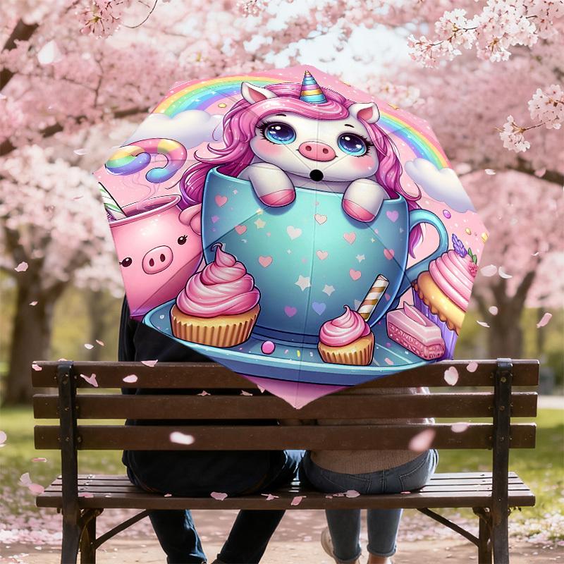 1PC unicorn cupcake Automatic Open/Close Umbrella with Windproof, 8-Rib Sturdy Canopy, Durable Ribs, Fashionable Design, Outdoor Accessory, Fun Prin,