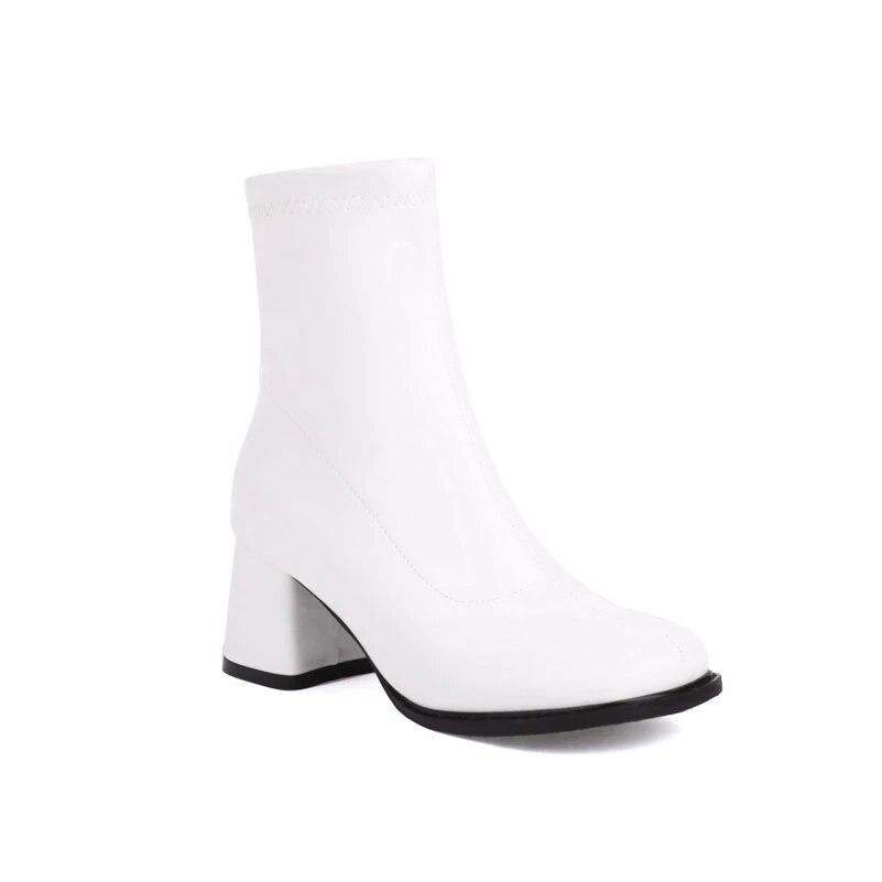 Женские ботильоны, короткие сапоги на толстом высоком каблуке с круглым носком на молнии, лаконичная женская модная обувь, зимняя красная, белая, черная 46