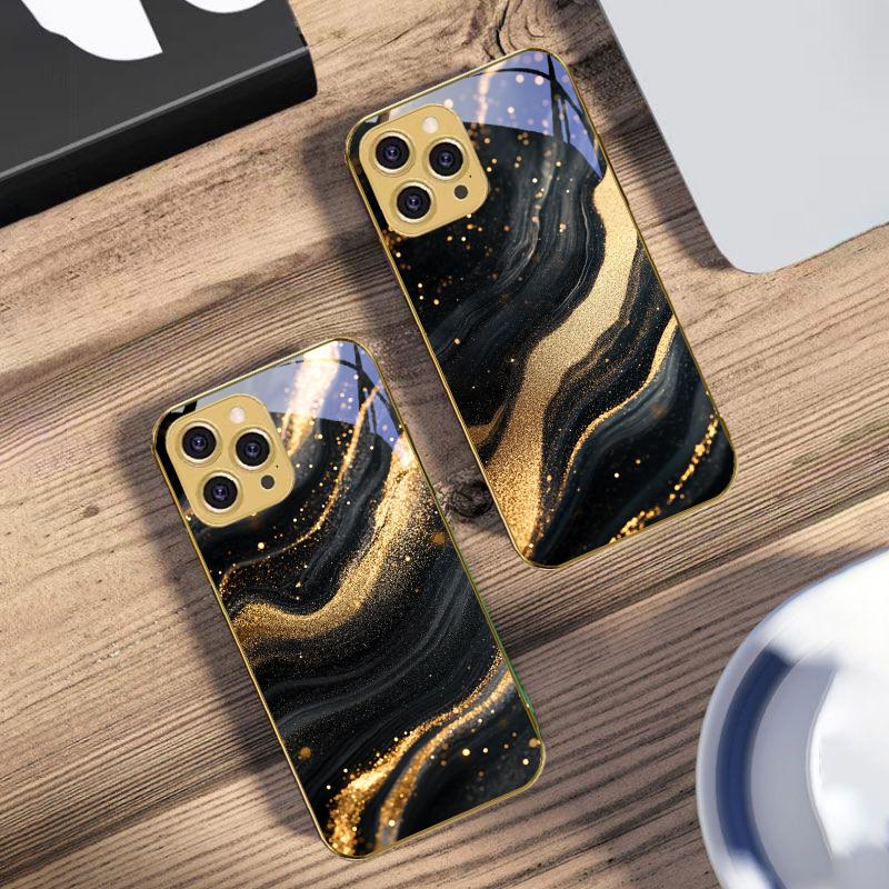 Чехол из закаленного стекла золотистого цвета с мраморным рисунком для iPhone 16 Pro Max 15 P Ro 14 M Ax 13 Plus 12 Mini 11 Pro Max XS Max XR