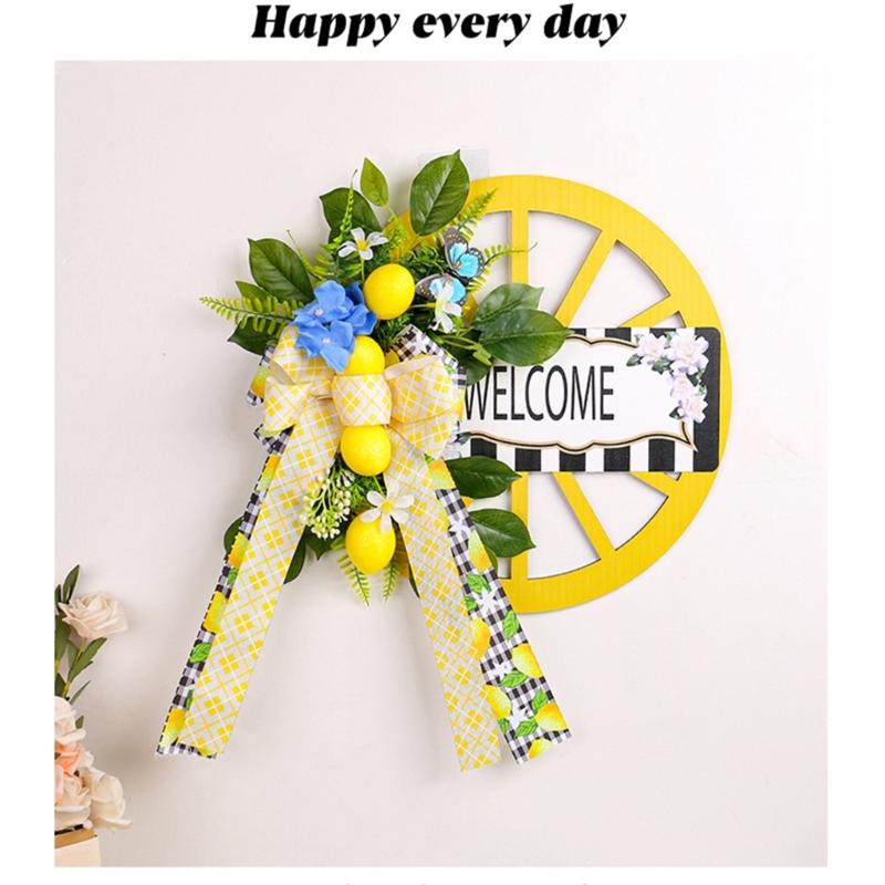 Artificial Spring Wreath with Welcome Wheel, Bowknot Flower Wreath for Front Door, Wedding, Garden Outdoor Decorations