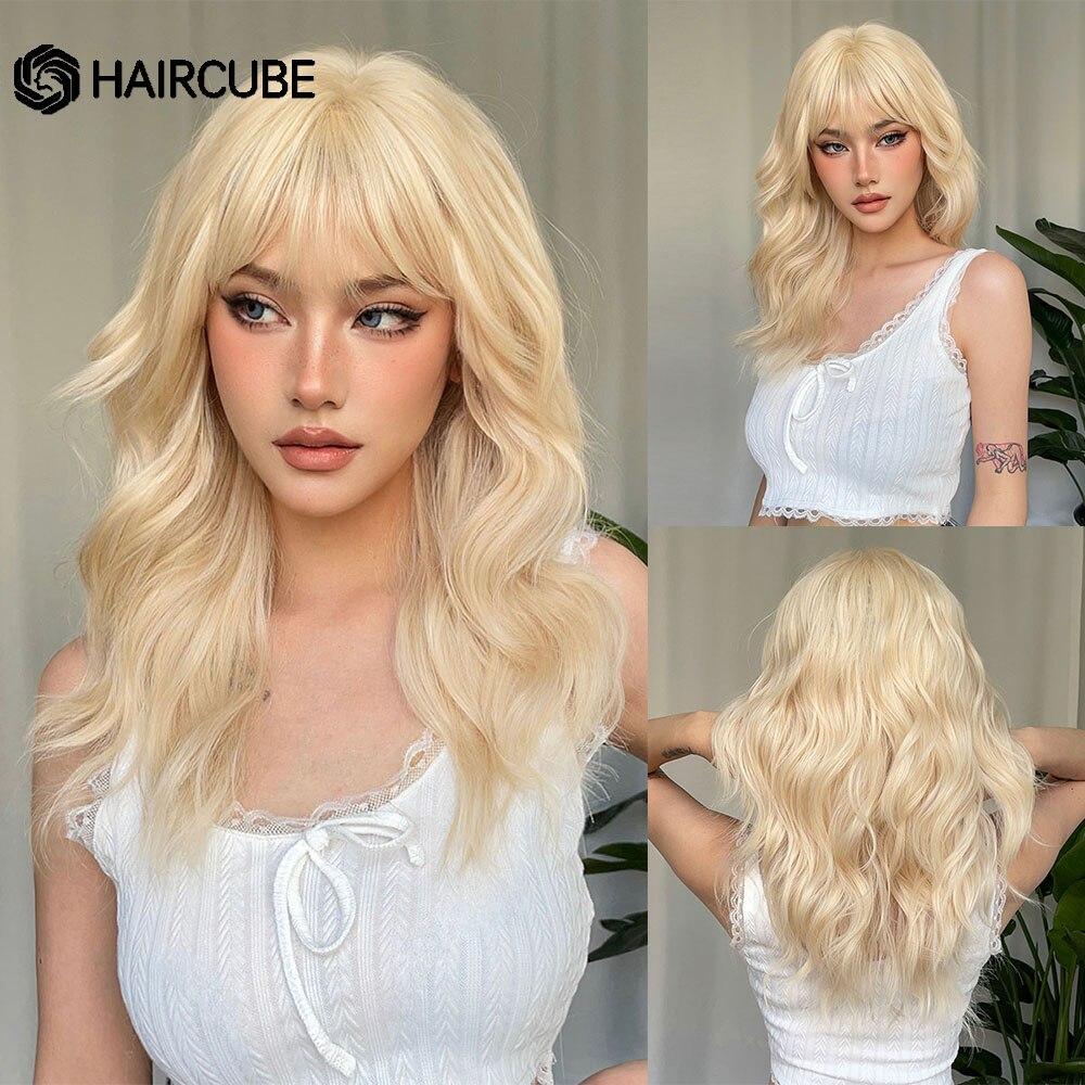 HAIRCUBE Длинный волнистый красно-коричневый синтетический парик с темными корнями из натуральных волос с челкой для женщин, термостойкий парик для повседневного косплея