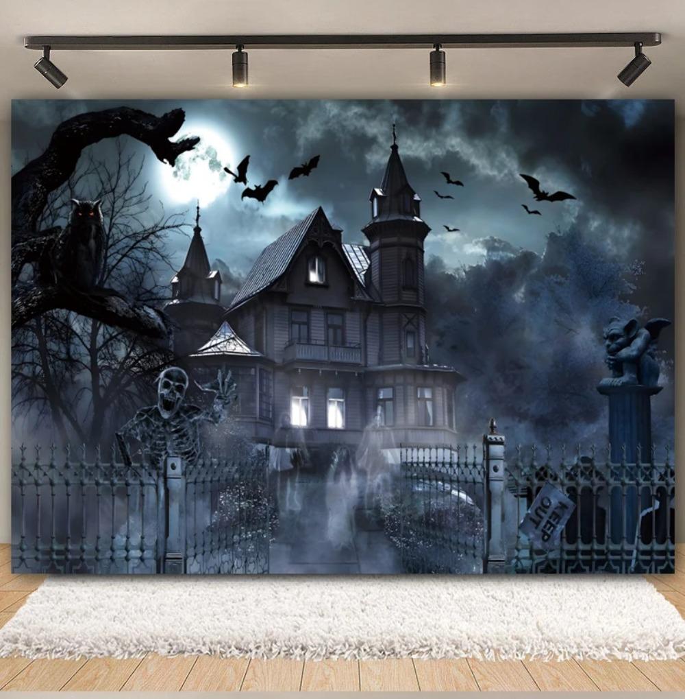 Halloween Kids Party Decor Backdrops Horror Cemetery Castle Haunted House Skull Pumpkin Lights Moon Photography Background Props