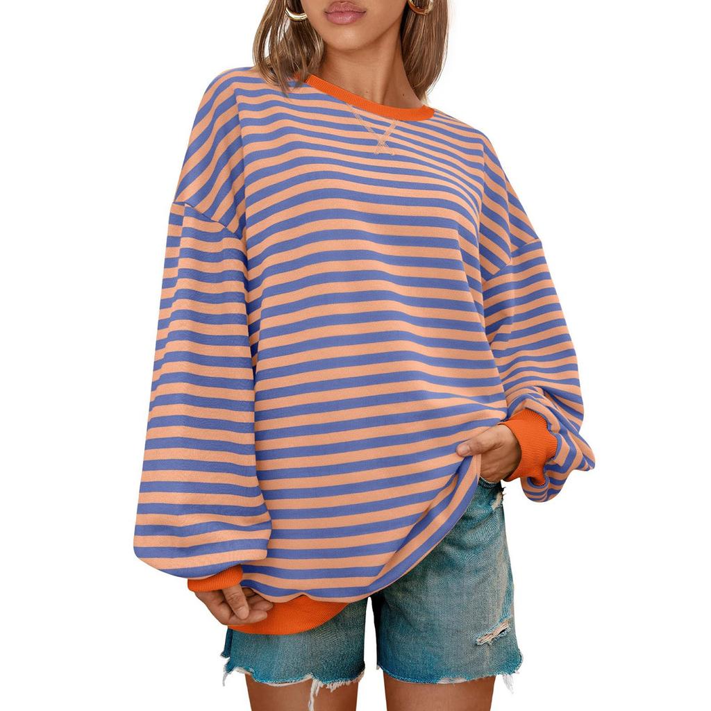 Женская спортивная рубашка в полоску большого размера с длинными рукавами и круглым вырезом, повседневная свободная рубашка-пуловер, топ