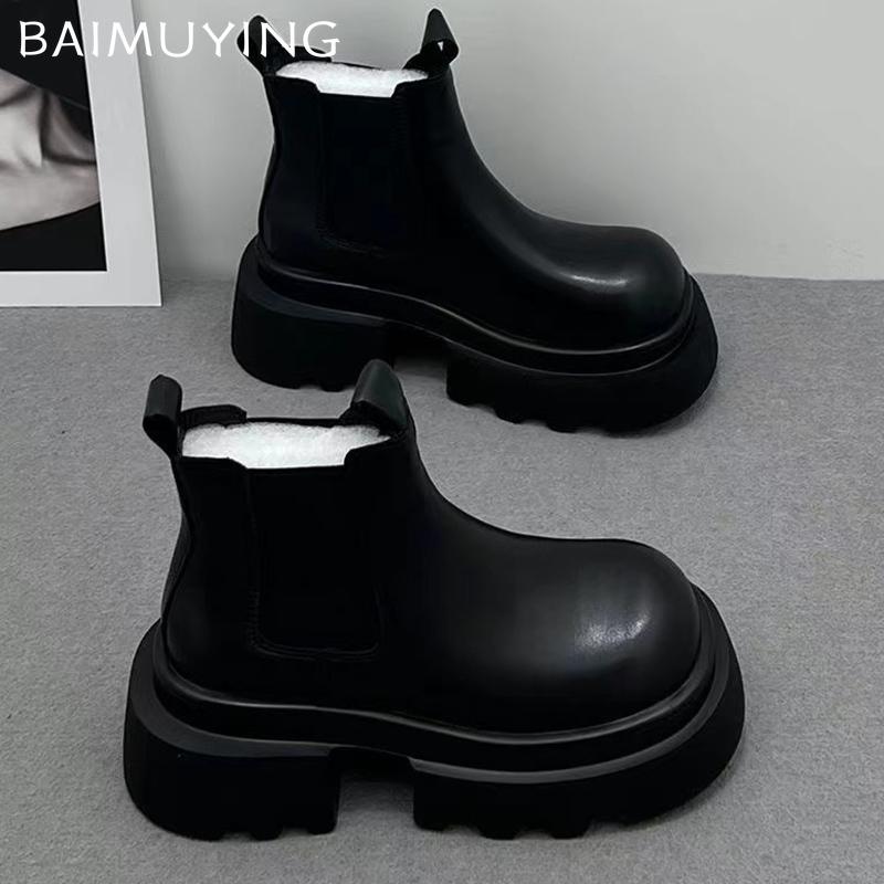 Кожаные женские зимние ботильоны на платформе и среднем каблуке, дизайнерские массивные мотоциклетные ботинки 2024 года, трендовая зимняя мода, Botas Mujer