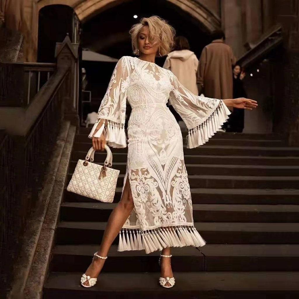 Весна 2025 Европейское и американское женское вышитое белое вечернее платье с кружевом и кисточками