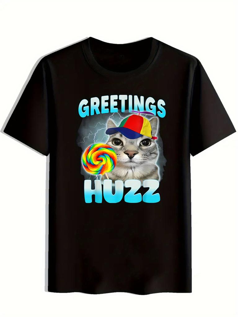 GREETINGS HUZZ letter printed men's T-shirt daily casual short sleeved men's cat emoji shirt top