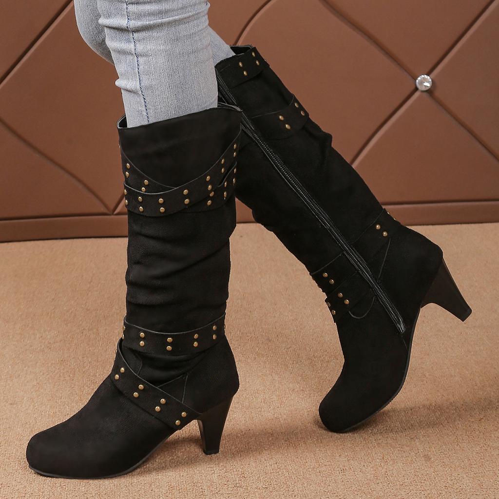 Сапоги женские осенне-зимние новые большие окружности трубы толстый низ но колено прямые трубы тонкие сзади молния высокие сапоги