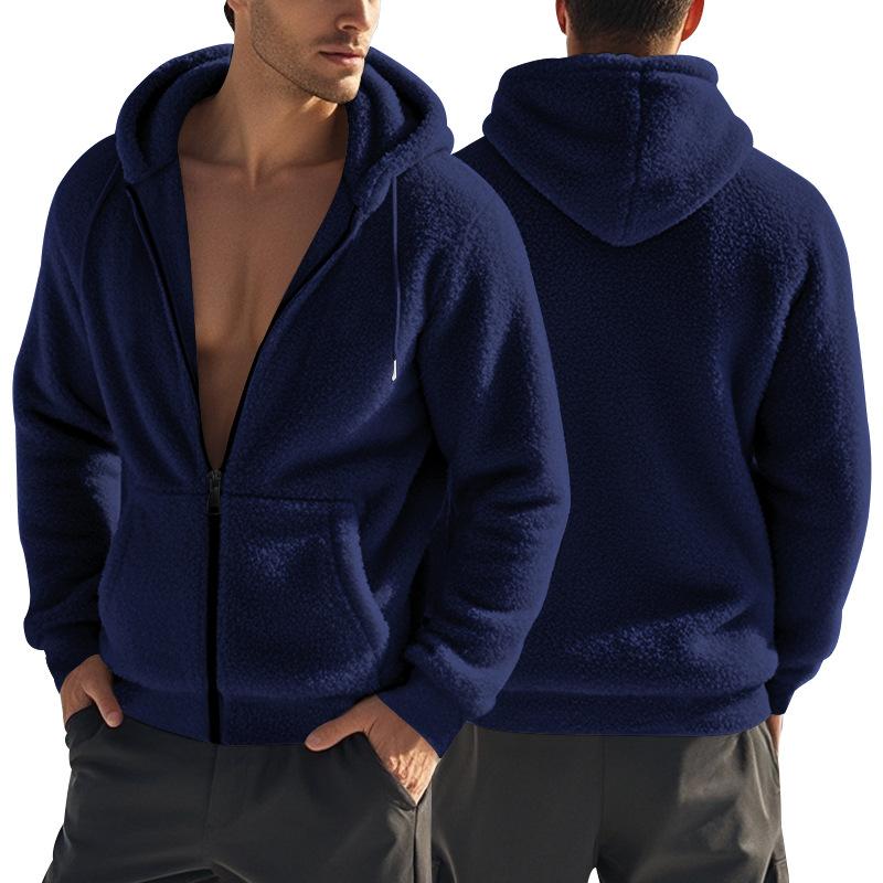 Winter Men's Thick Warm Double-sided Fleece Jacket Zipper Loose Cardigan Casual Hooded Jacket