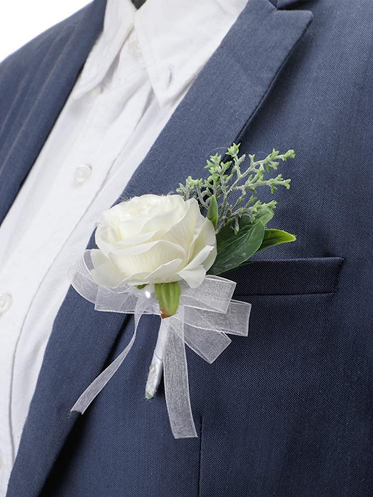 4Pcs Ivory Rose Wrist Corsage and Boutonniere Set Wristlet Band Bracelet and Men Boutonniere for Wedding Accessories Prom Suit Decorations