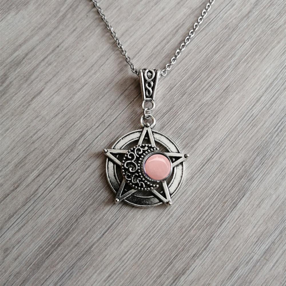 Charm Gothic Silver Color Five-pointed Star Hollowed-out Crescent Purple Crystal Pendant Necklace for Women Halloween Jewelry